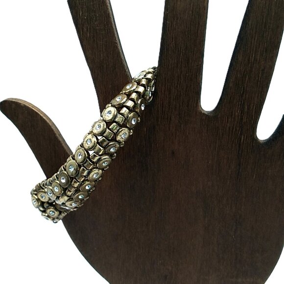 J. Crew Brushed Brass-tone Rhinestone Stretch Bracelet Signed - Picture 6 of 8